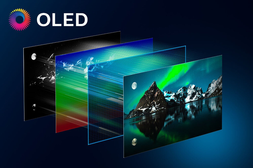 Telewizor PHILIPS 48OLED820 jasny ekran OLED czernie szczegóły HDR, technologia OLED, rozwarstwienie matrycy