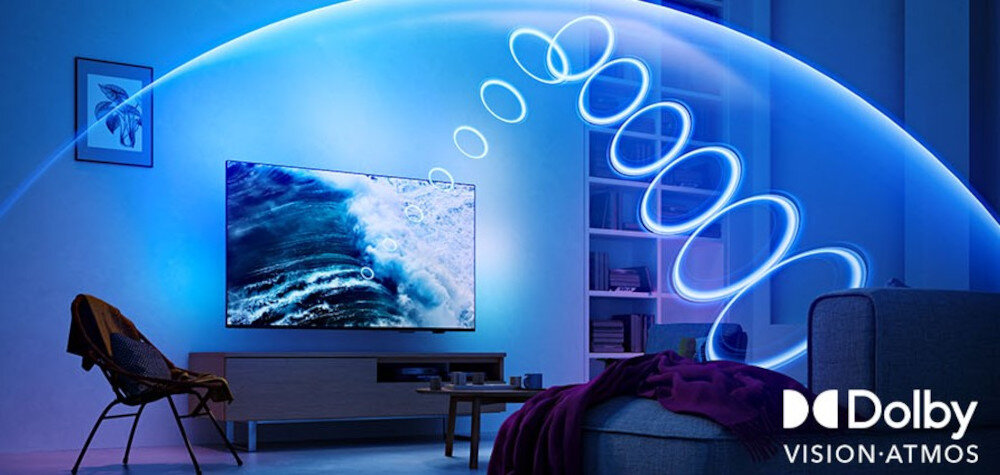 Telewizor PHILIPS 48OLED820 Dolby Vision filmy gry kinowe doznania, telewizor zawieszony na ścianie w pomieszczeniu, bańka dźwiękowa otaczająca pokój