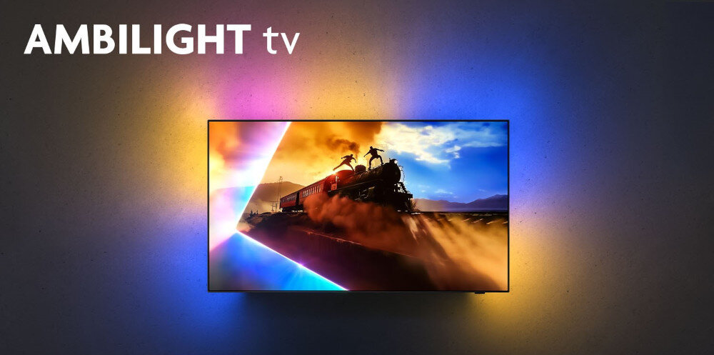 Telewizor PHILIPS 42OLED820 wyjątkowe doznania obrazu funkcja Ambilight, telewizor z Ambilight zawieszony na ścianie