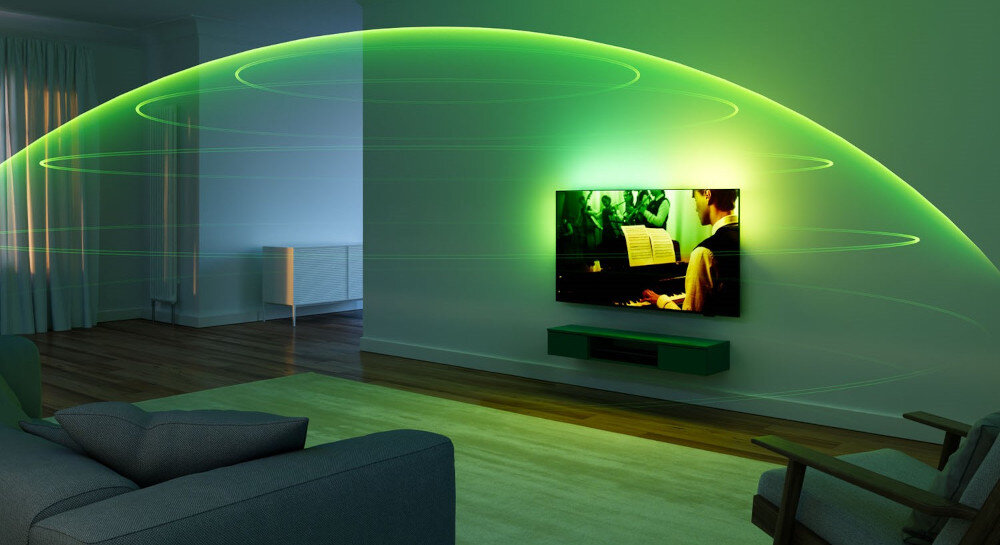 Telewizor PHILIPS 42OLED820 dźwięk przestrzenny Dolby Atmos DTS:X filmy gry, telewizor zawieszony na ścianie w pomieszczeniu, bańka dźwiękowa otaczająca pokój