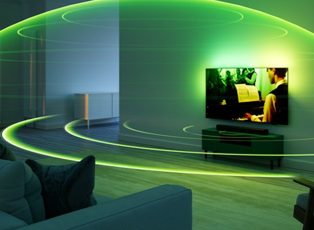 PHILIPS 75MLED920 Dolby Atmos DTS:X dźwięk przestrzenny, telewizor zawieszony na ścianie w pomieszczeniu otoczony dźwiękiem