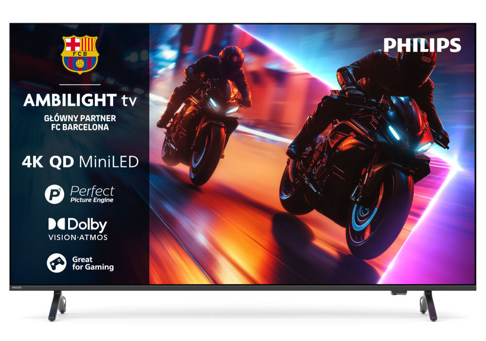 Telewizor PHILIPS 85MLED910 Titan OS smart TV aplikacje streamingowe, telewizor od frontu na białym tle