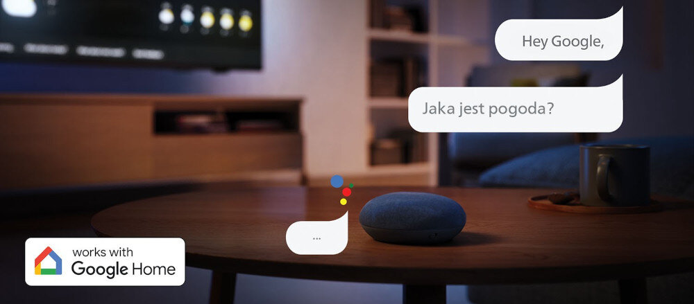 Telewizor PHILIPS 85MLED910 Matter Alexa Google AirPlay inteligentny dom, głosnik leżący na stoliku w pomieszczeniu