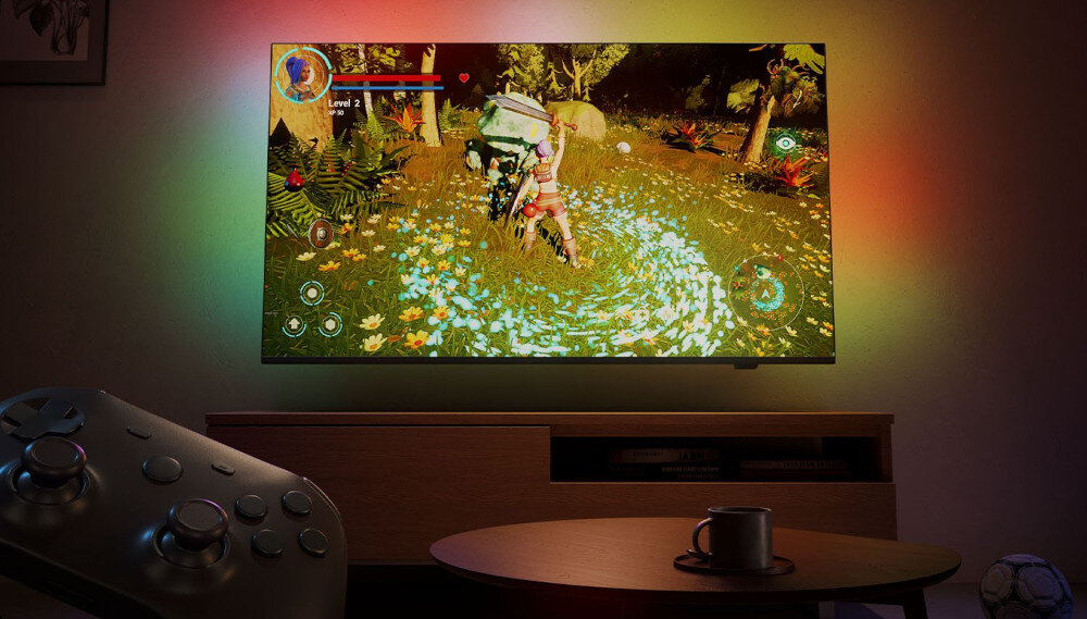 Telewizor PHILIPS 85MLED910 HDMI 2.1 120 Hz VRR Game Bar dla graczy, telewizor zawieszony na ścianie w pomieszczeniu