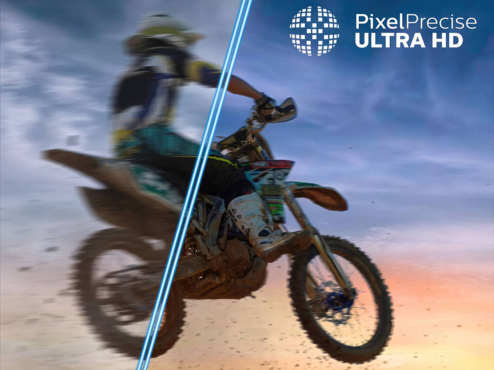 PHILIPS 43PUS8010 rozdzielczość 4K z 8 milionami pikseli Pixel Precise Ultra HD - porównanie odświeżania, na obrazku motocykl