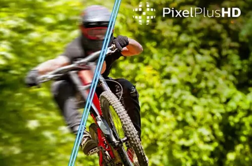 Telewizor PHILIPS 32PHS5500 HD Pixel Plus wyraźny obraz szczegóły LED, rowerzysta jadący ścieżką leśną rowerem