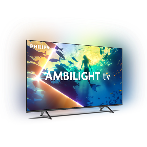 Telewizor z wyświetlaczem pokazującym kolorowy obraz podwodnego świata z napisem \'PHILIPS AMBILIGHT tv\'. Wokół ekranu widoczny jest efekt świetlny Ambilight.