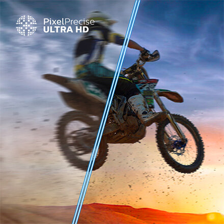 Obraz przedstawia motocyklistę w ruchu, podzielony na dwie części, z lewej strony rozmyty, a z prawej wyraźny. W lewym górnym rogu widoczny jest napis \'PixelPrecise ULTRA HD\'.