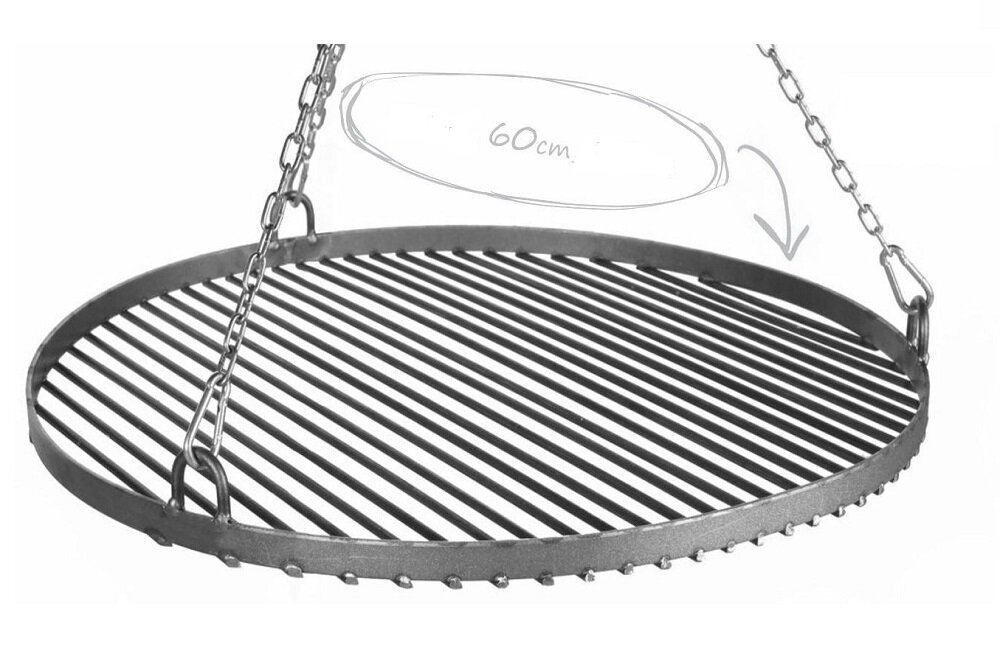 Okrągły ruszt grillowy zawieszony na łańcuchach, z oznaczeniem \'60 cm\'.