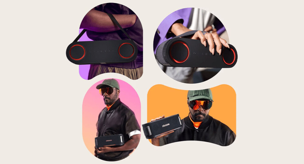 Głośnik mobilny LG Bounce design pasek przenoszenie, osoba trzymająca głośnik, głośnik zawieszony na ramieniu