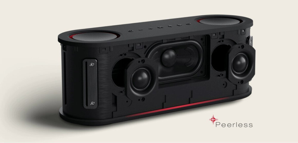 Głośnik mobilny LG Bounce kopułkowe tweeter-y Peerless dźwięk, przekroj głośnika mobilnego na białym tle