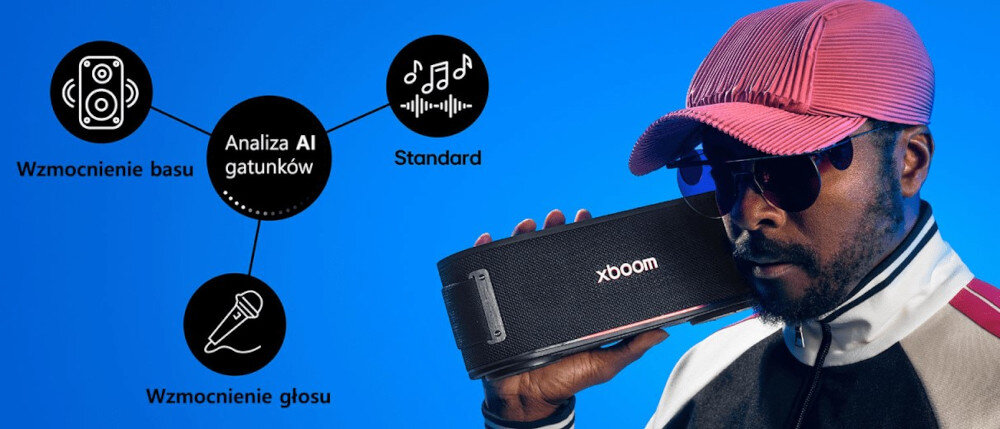 Głośnik mobilny LG Bounce AI Sound tryby muzyczne gatunki, osoba trzymająca głośnik przy głowie na niebieskim tle