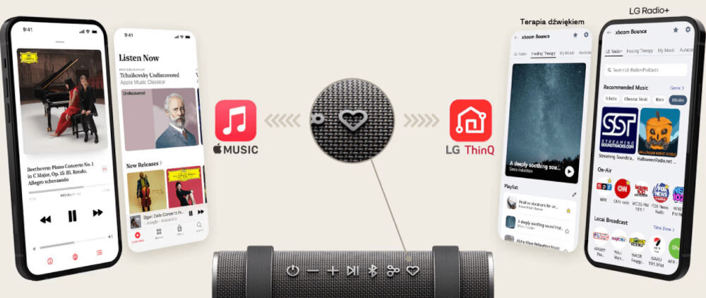 Głośnik mobilny LG Grab My Button LG ThinQ LG Radio+ Apple Music lokalne pliki szybki dostęp, głośnik mobilny z przyciskiem My button, smartfony z włączonymi aplikacjami