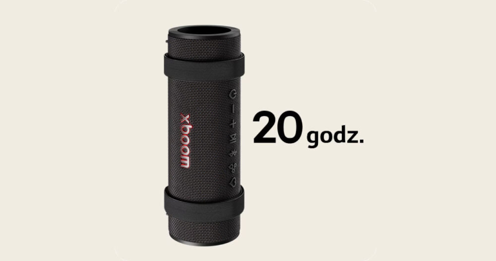 Głośnik mobilny LG Grab czas pracy do 20 godzin bateria mobilna muzyka przez cały dzień, głosnik mobilny postawiony na sztorc, napis 20 h