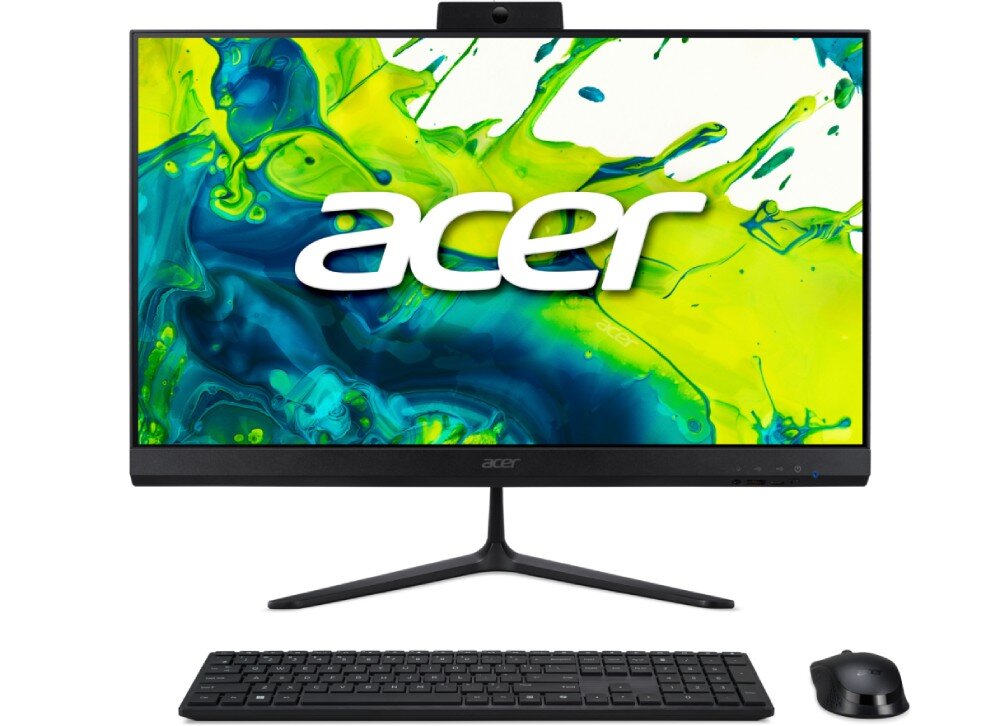 Komputer ACER Aspire C24-2G Widok z przodu na komputer typu all-in-one z kolorową grafiką i logotypem na ekranie, na biurku klawiatura i myszka, łączność, Wi-Fi 6, Bluetooth