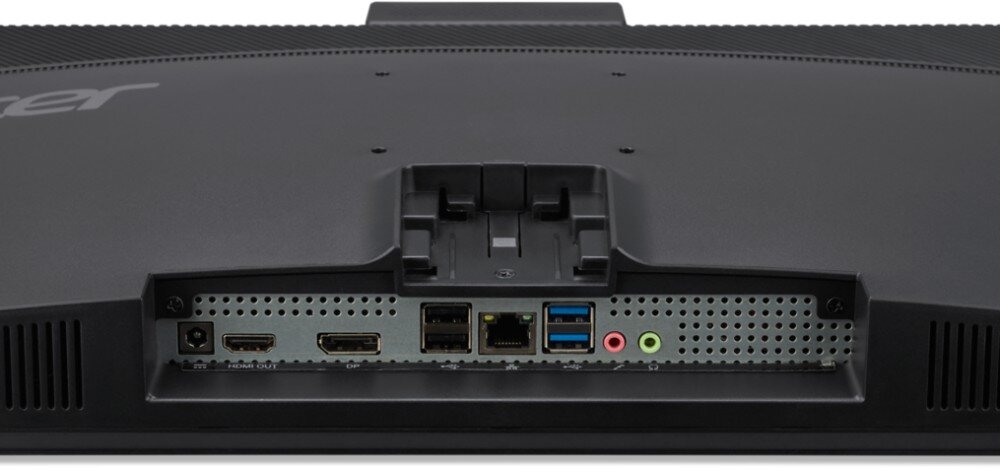 Komputer ACER Aspire C24-2G Zbliżenie na tylny panel komputera typu all-in-one z widocznymi portami: zasilania, HDMI, DisplayPort, Ethernet, USB i złączami audio, porty, gniazda, podłączenie
