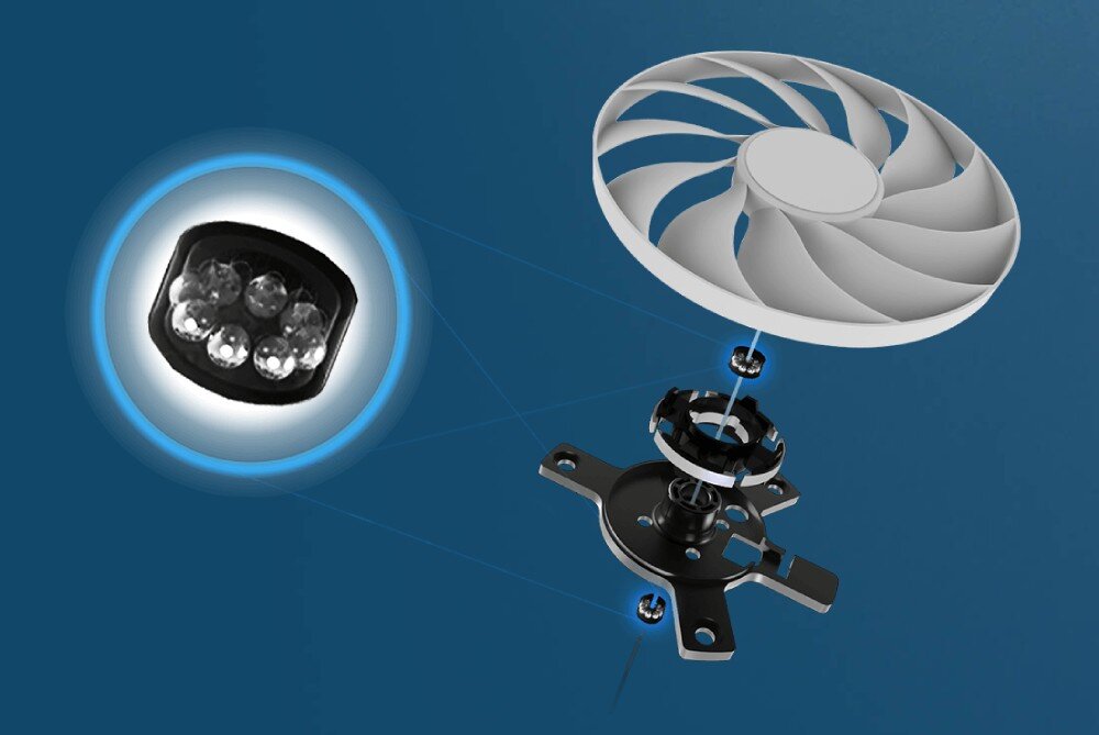 Karta graficzna ASUS GeForce RTX 5070 PRIME White OC Edition 12GB Animacja rozłożonego wentylatora Axial-tech pokazująca podwójne łożyska kulkowe w przekroju, wirnik z łopatkami oraz ramę montażową