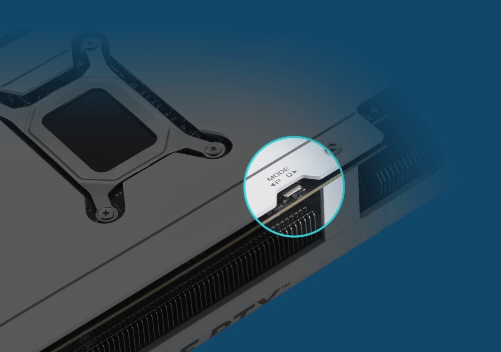 Karta graficzna ASUS GeForce RTX 5070 PRIME White OC Edition 12GB Widok z boku na białą kartę graficzną z widocznym przełącznikiem Dual BIOS oznaczonym etykietą 'MODE' oraz dwoma pozycjami przełączania