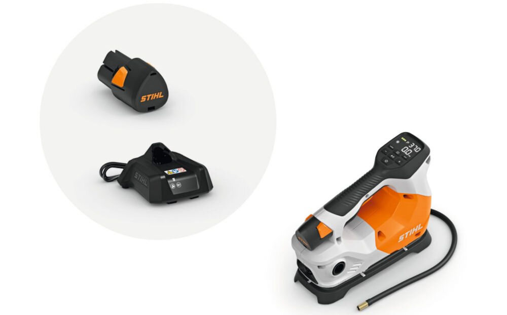 Kompresor samochodowy STIHL KOA 20, kompresor, opona, ponton, wyjazd, Akumulatorowa pompka STIHL KOA 20, bateria i ładowarka na białym tle.