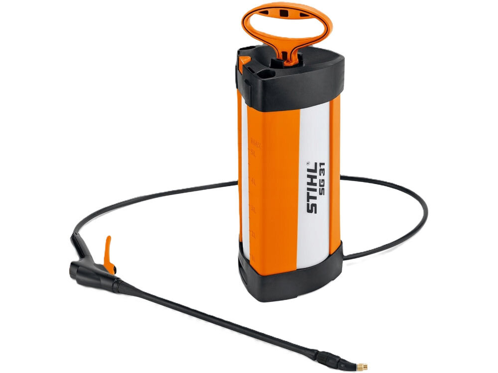 Opryskiwacz ręczny STIHL SG 31 5L, pojemność, zbiornik, ciśnienie, bar, na białym tle opryskiwacz z zamontowaną lancą