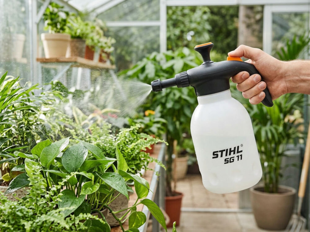 Opryskiwacz ręczny STIHL SG 11 1.5L, uchwyt, dysza, strumień, doniczka, Opryskiwacz STIHL SG 11 w użyciu w szklarni z roślinami