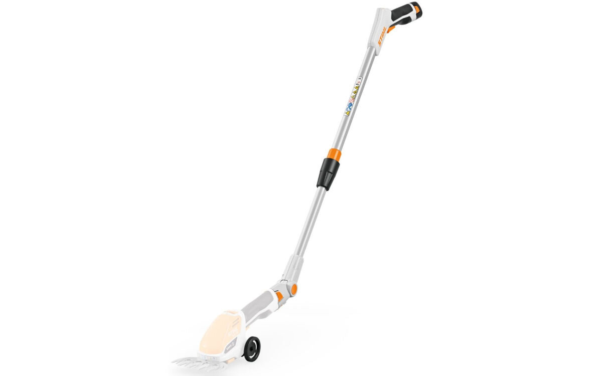 Wysięgnik teleskopowy STIHL HSA 26 HA037107100, regulowane, docinanie, brzegi, waga, na białym tle wysięgnik wraz z podpiętym sekatorem