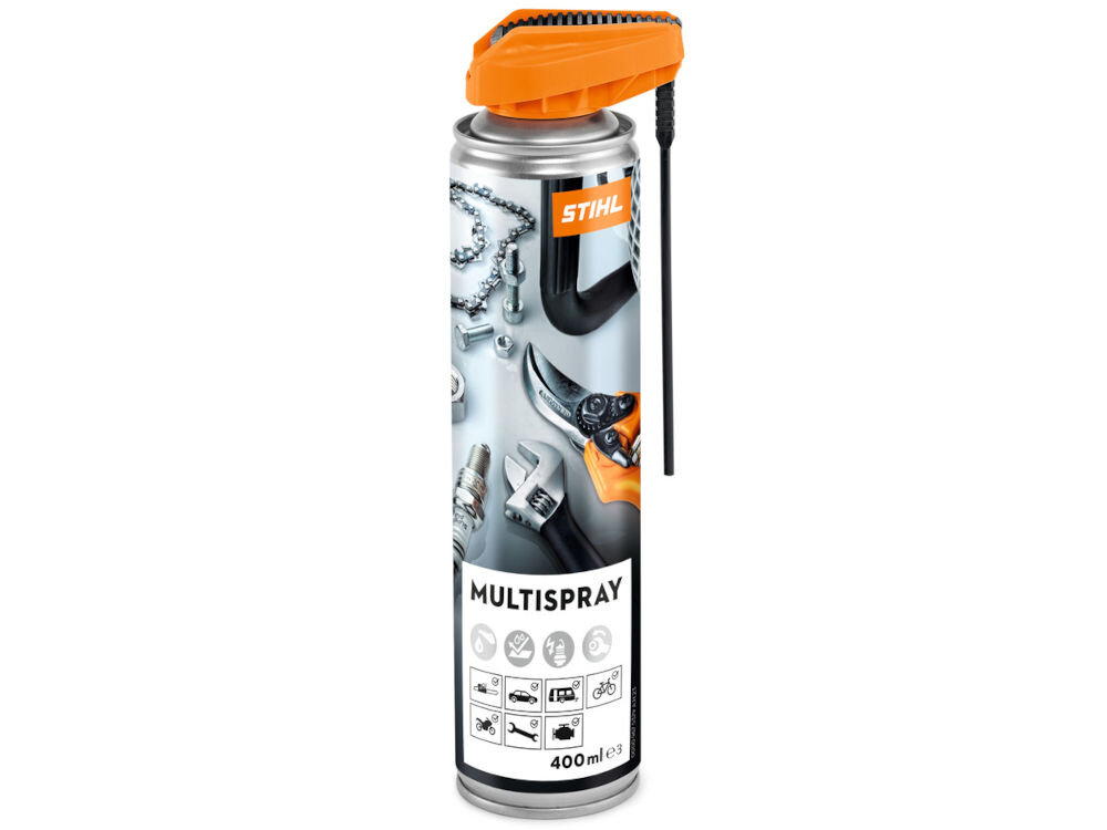 Puszka uniwersalnego środka czyszczącego STIHL Multispray o pojemności 400 ml z pomarańczowym aplikatorem. Na etykiecie widoczne są narzędzia oraz ikony zastosowań, a także logo STIHL.