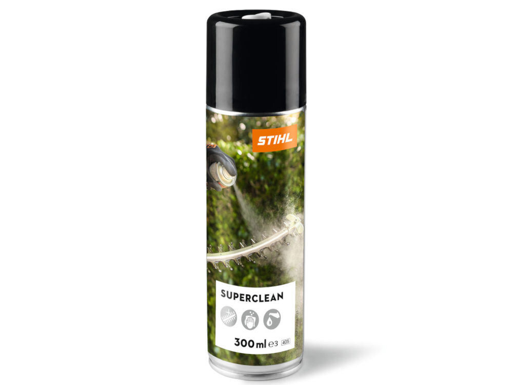 Na obrazie widoczna jest puszka aerozolu z czarną nakrętką, oznaczona logo STIHL. Na etykiecie znajduje się napis \'SUPERCLEAN 300 ml\' oraz grafika przedstawiająca użycie produktu na narzędziu ogrodniczym.