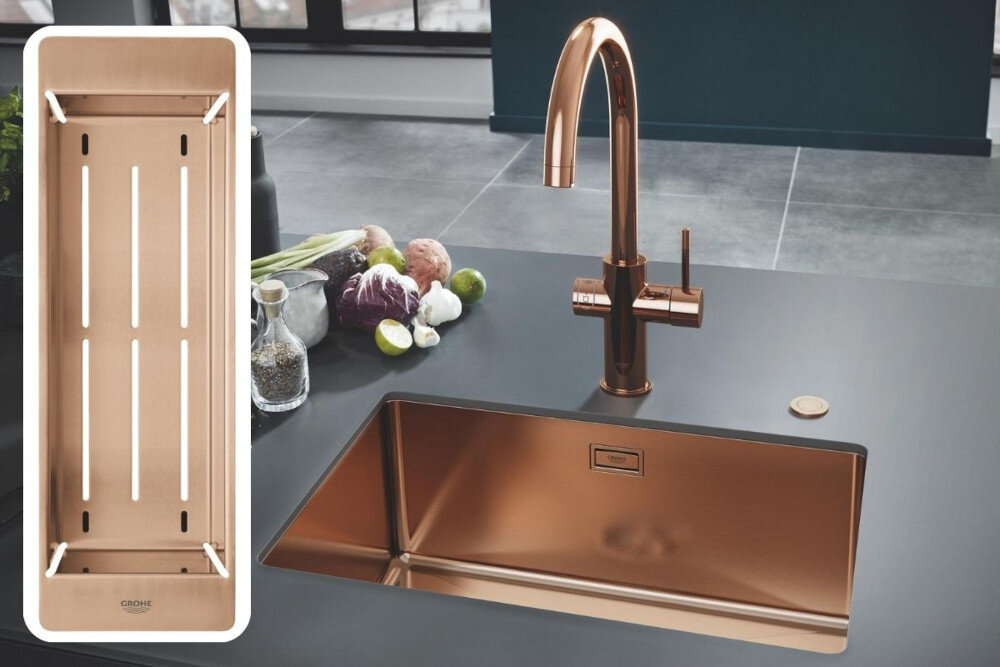 WKŁADKA OCIEKOWA GROHE RÓŻOWE ZŁOTO kuchnia szary blat zlewozmywak bateria dekoracje kuchenne akcesoria