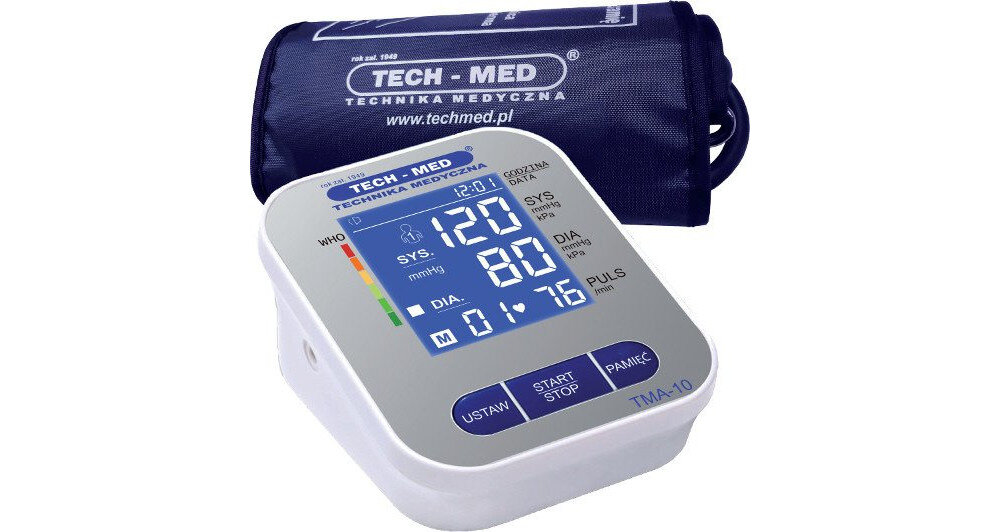 Ciśnieniomierz TECH-MED TMA-10 z zasilaczem wyglad front wyswietlacz obsluga