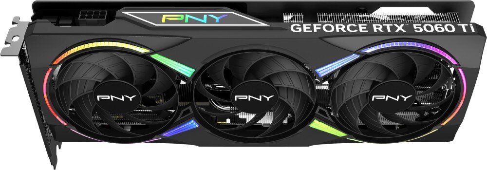 Karta graficzna PNY GeForce RTX 5060 Ti RGB OC Epic-X Overclocked Triple Fan 16GB Boczna krawędź karty graficznej z widocznym radiatorem, złączem zasilania oraz podświetlanym logo PNY na górnej listwie