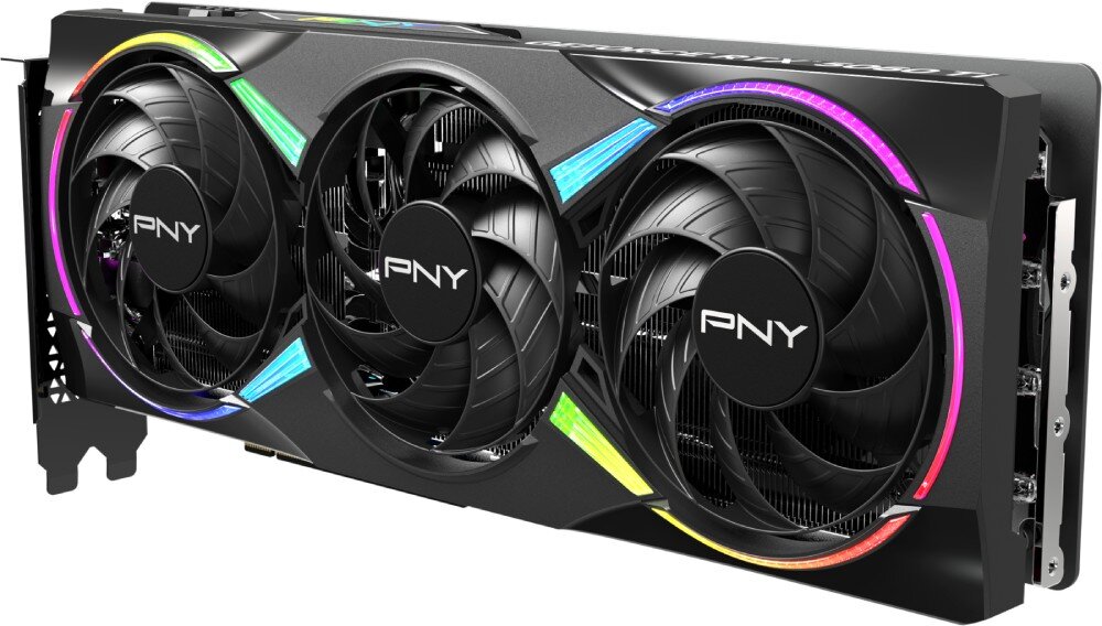 Karta graficzna PNY GeForce RTX 5060 Ti RGB OC Epic-X Overclocked Triple Fan 16GB Karta graficzna widoczna pod kątem, ukazująca trzy wentylatory z logotypem producenta na środku każdego z nich