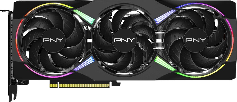 Karta graficzna PNY GeForce RTX 5060 Ti RGB OC Epic-X Overclocked Triple Fan 16GB Widok izometryczny czarnej karty graficznej z trzema wentylatorami i widocznymi paskami oświetlenia RGB na obudowie