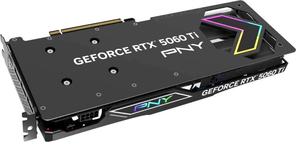 Karta graficzna PNY GeForce RTX 5060 Ti RGB OC Epic-X Overclocked Triple Fan 16GB Tył karty graficznej wyposażony w czarną płytkę usztywniającą z białym napisem GeForce RTX oraz otworem wentylacyjnym po prawej stronie