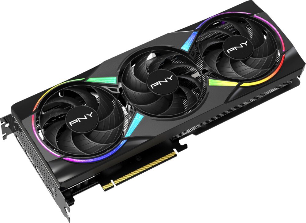 Karta graficzna PNY GeForce RTX 5060 Ti RGB OC Epic-X Overclocked Triple Fan 16GB Karta graficzna widoczna pod kątem, ukazująca trzy wentylatory z logotypem producenta na środku każdego z nich