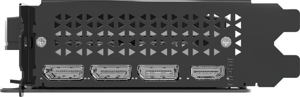 Karta graficzna PNY GeForce RTX 5060 Ti RGB OC Epic-X Overclocked Triple Fan 16GB Metalowy śledź montażowy karty graficznej z otworami wentylacyjnymi w kształcie trójkątów oraz czterema złączami wideo