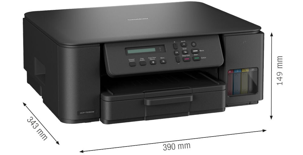Urządzenie wielofunkcyjne BROTHER DCP-T535DW Druk w kolorze, Automatyczny druk dwustronny, Wi-Fi prezentacja urządzenia na białym tle pod kątem z wymiarami wymiary 390 x 343 x 149 mm swoboda organizacji