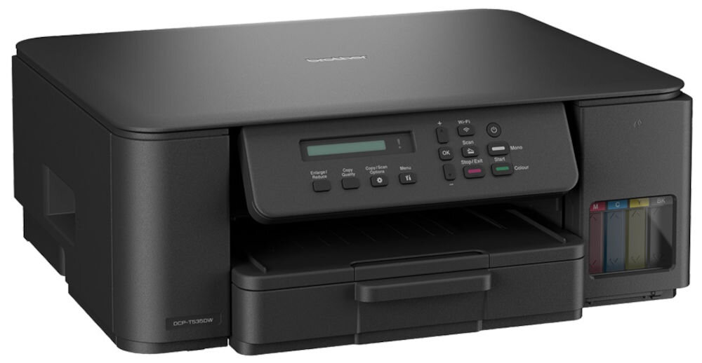 Urządzenie wielofunkcyjne BROTHER DCP-T535DW Druk w kolorze, Automatyczny druk dwustronny, Wi-Fi prezentacja urządzenia od przodu pod kątem na białym tle funkcje 3w1 druk skan kopiuj wygoda organizacja przestrzeni