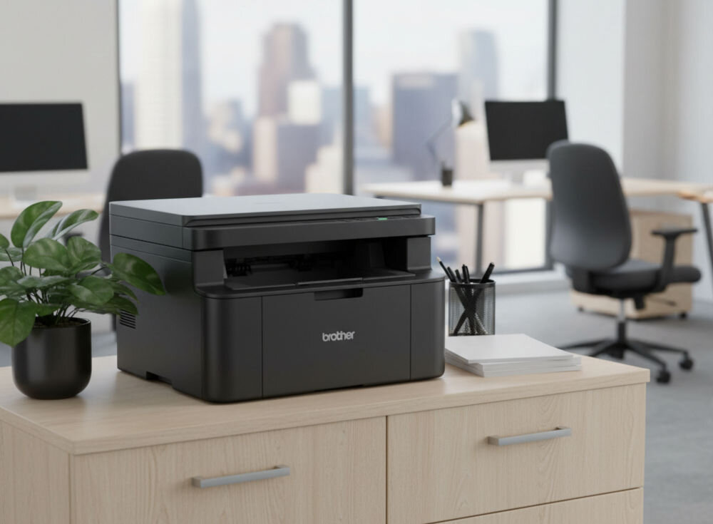 Urządzenie wielofunkcyjne BROTHER DCP-L1632W, Wi-Fi prezentacja urządzenia na szafce w biurze w tle biurka fotele monitory i duże okna funkcje kopiowania wsparcie codziennych zadań oszczędność papieru