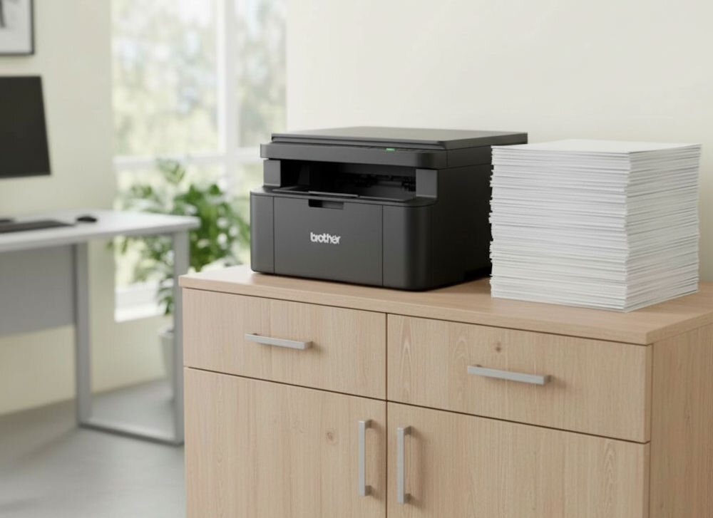 Urządzenie wielofunkcyjne BROTHER DCP-L1632W, Wi-Fi prezentacja urządzenia na szafce w biurze obok stos papieru Obsługa papieru od 64 do 105 g/m² w różnych zastosowaniach elastyczność zwykły papier papiery firmowe cienkie bloczki realizacja różnorodnych zadań biurowych