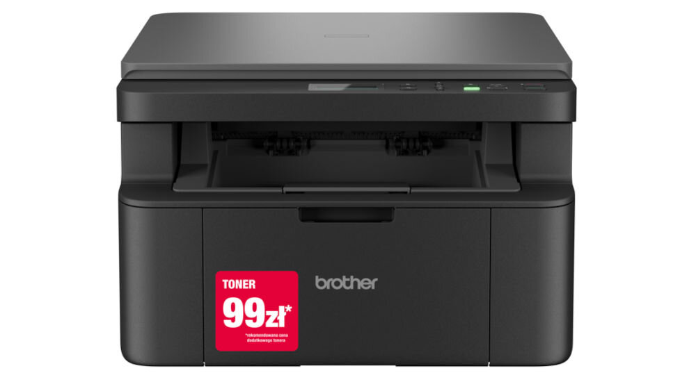 Urządzenie wielofunkcyjne BROTHER DCP-L1632W, Wi-Fi prezentacja urządzenia na białym tle od przodu z naklejoną naklejką elastyczność w połączeniu port Fast Ethernet łączność bezprzewodowa Wi-Fi pasma 2,4 5 GHz port USB