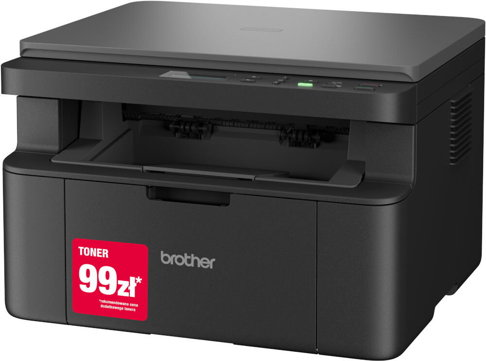 Urządzenie wielofunkcyjne BROTHER DCP-L1632W, Wi-Fi prezentacja urządzenia na białym tle pod kątem z naklejką dane chronione WPA3 SSL/TLS kontrola dostępu poufność dokumentów