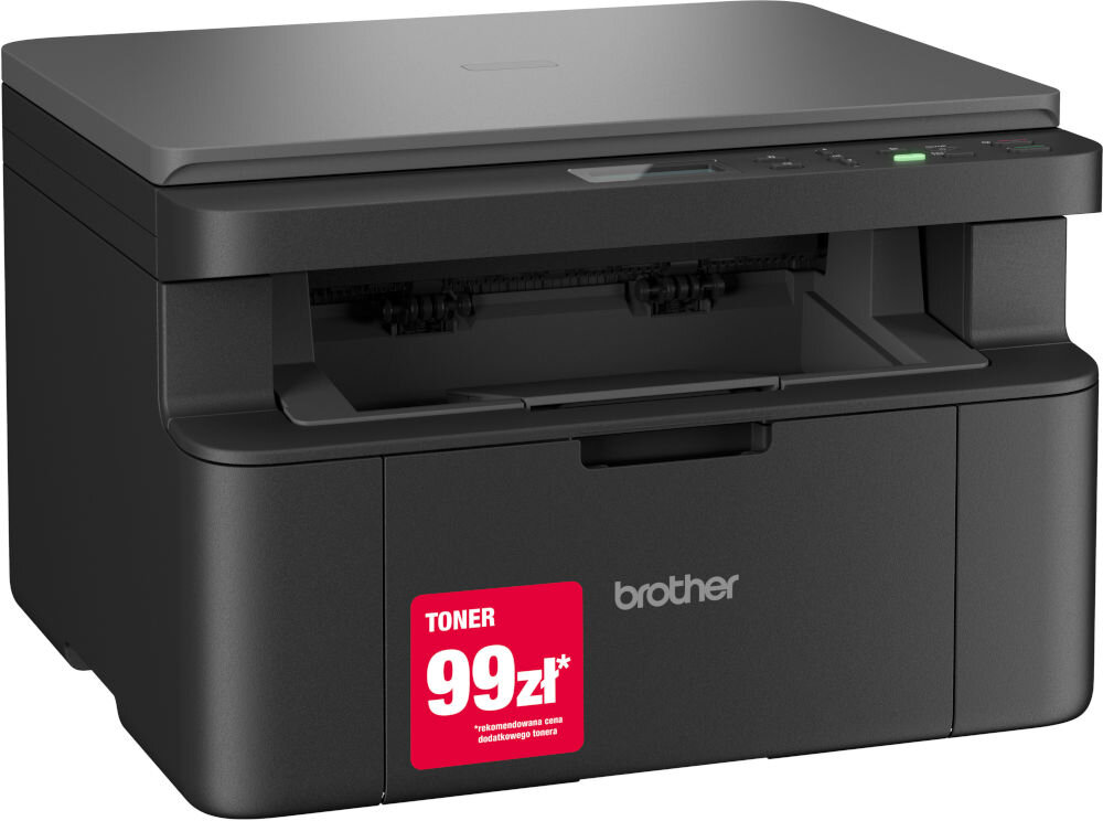 Urządzenie wielofunkcyjne BROTHER DCP-L1632W, Wi-Fi prezentacja urządzenia na białym tle pod kątem z naklejką czasy wydruków mono pierwsza kopia z trybu gotowości rozdzielczość efektywne narzędzie