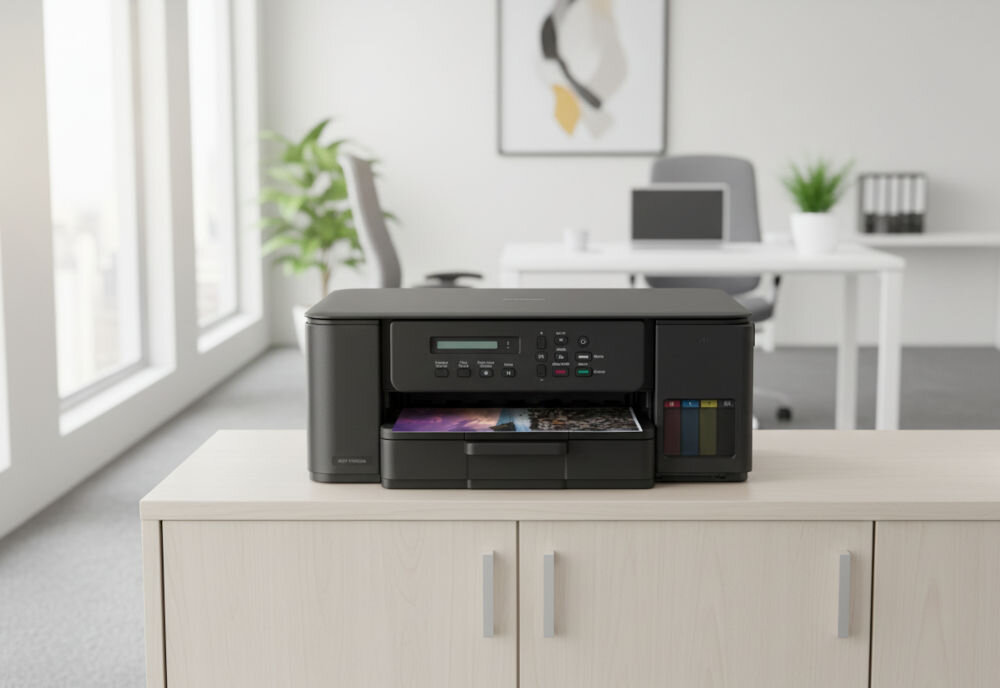 Urządzenie wielofunkcyjne BROTHER DCP-T535DW Druk w kolorze, Automatyczny druk dwustronny, Wi-Fi prezentacja urządzenia w jasnym biurze na jasnej szafce obok duże wysokie okna