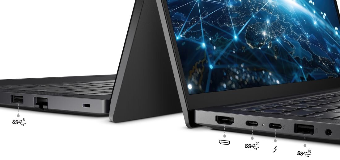 Laptop Lenovo ThinkPad E14 Gen 7 z portami USB4 i USB-C pokazany z boku prezentuje złącza w aranżacji produktowej - Porty — kompletny zestaw bez przejściówek