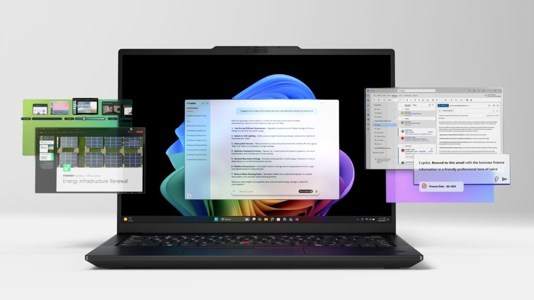 Laptop Lenovo ThinkPad E14 Gen 7 z procesorem AMD Ryzen 5 220 wyświetla wiele okien aplikacji podczas pracy w środowisku biurowym - Procesor AMD Ryzen 5 220 Hawk Point
