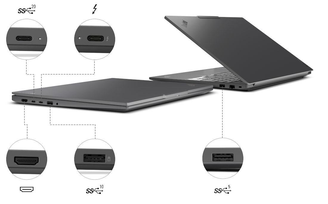 Laptop Lenovo ThinkPad z portami USB-C, HDMI i USB pokazuje złącza obudowy podczas podłączania akcesoriów biurowych - Porty — USB-C, USB-A, HDMI 2.1, RJ-45