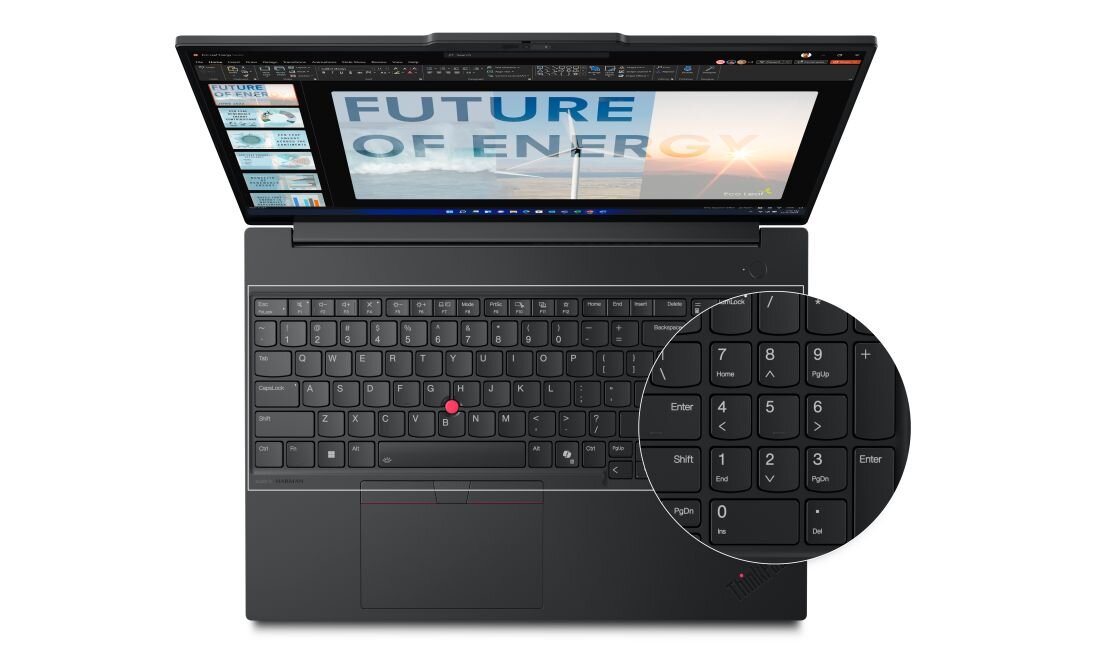 Laptop Lenovo ThinkPad z ergonomiczną klawiaturą numeryczną prezentuje układ klawiszy podczas pracy biurowej i tworzenia prezentacji - Klawiatura ThinkPad z numpadem i TrackPointem