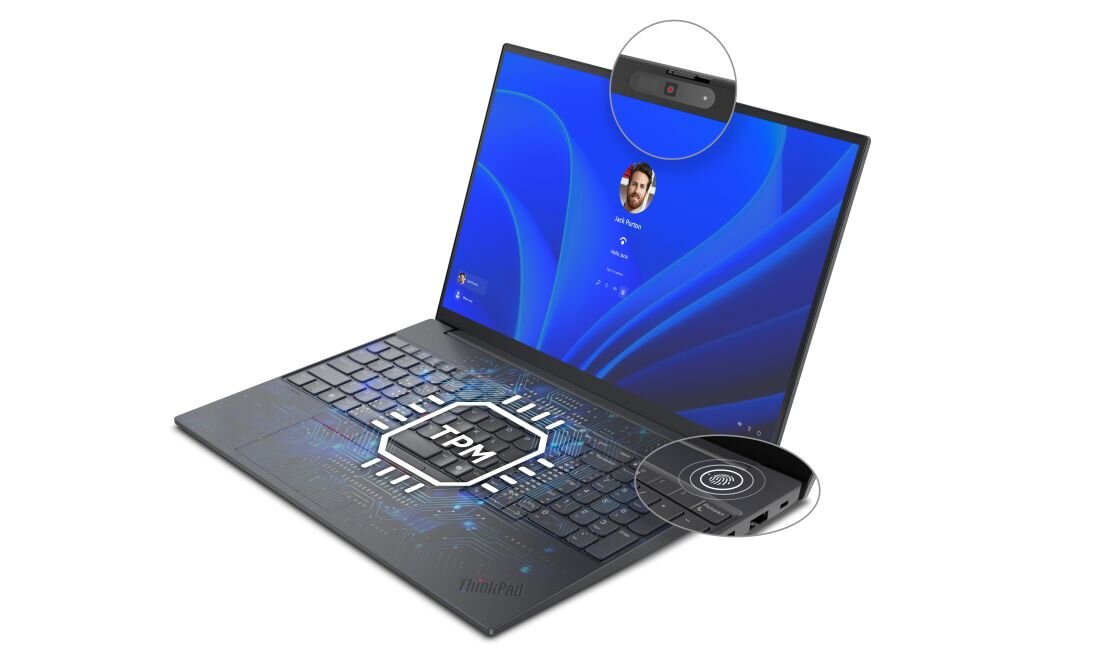 Laptop Lenovo ThinkPad z zabezpieczeniem TPM i czytnikiem linii papilarnych prezentuje funkcje ochrony danych w pracy biznesowej - Bezpieczeństwo — czytnik linii papilarnych, kamera IR 2 Mpx, TPM
