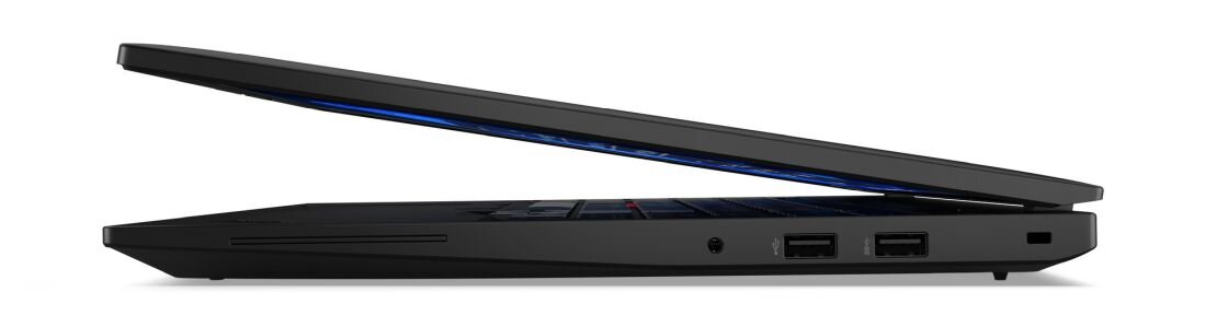 Boczny profil laptopa Lenovo ThinkPad z portem USB‑C i USB‑A pokazany na białym tle do pracy biurowej. - USB-C Thunderbolt 4 HDMI 